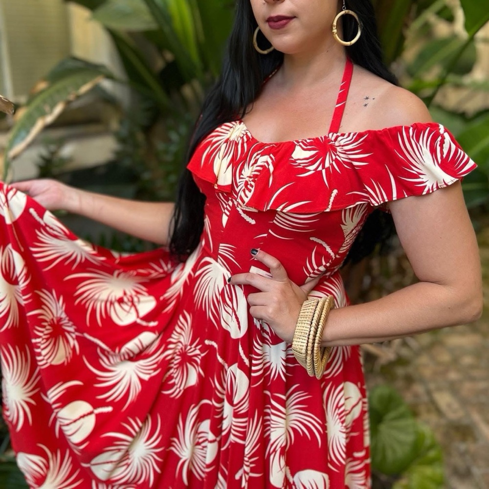 Trashy Diva Hollywood Circle Polka Dot Palm Print Rockabilly Retro Dress Sz 24 - Picture 9 of 13